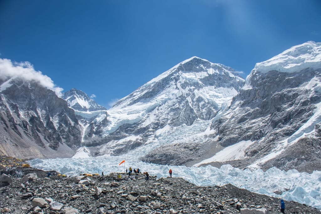 Group of trekkers near Khumbu Icefall, admiring the stunning view of the Everest range.