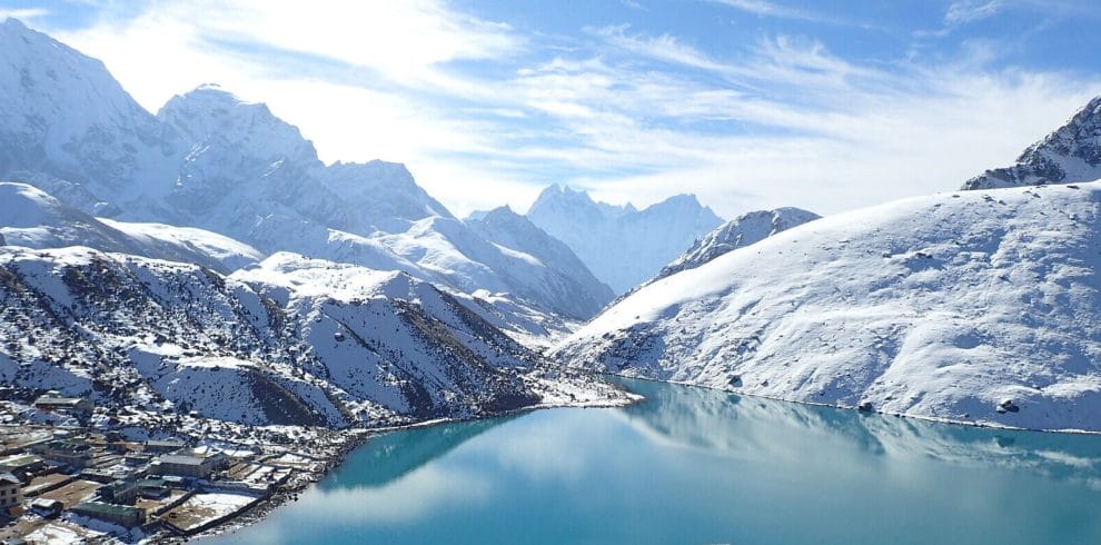 beautiful gokyo lake and and small village in everest trekking region
